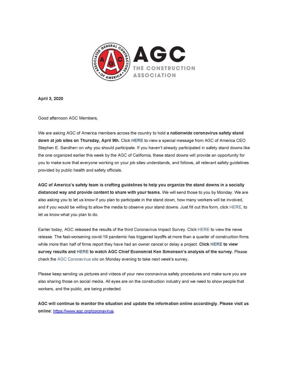 Please join us in participating in the Nationwide Coronavirus Safety Stand Down on Thursday, April 9th!