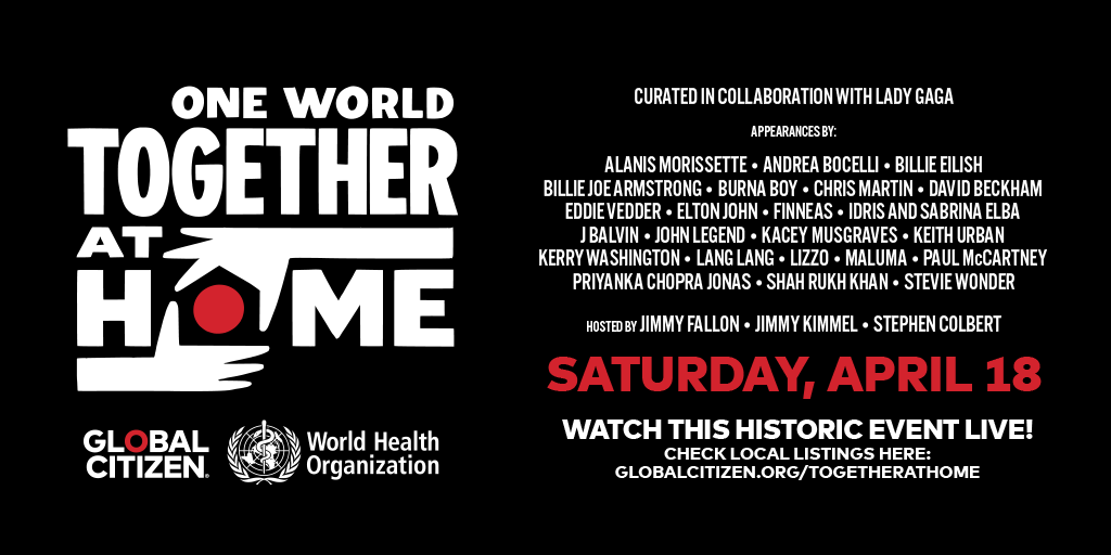 Huge news: @LadyGaga @EltonOfficial @Lizzo and more are standing in solidarity with us and the <a href="/WHO/">World Health Organization (WHO)</a> to support global response efforts to the coronavirus ✊

Join us for a global broadcast on April 18 for One World: #TogetherAtHome and take action now at globalcitizen.org/togetherathome.