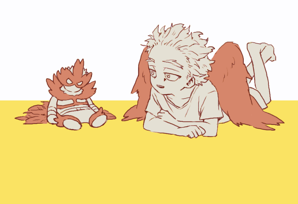 endeavor (boku no hero academia) ,hawks (boku no hero academia) character doll male focus wings on stomach 1boy aged down feathered wings  illustration images