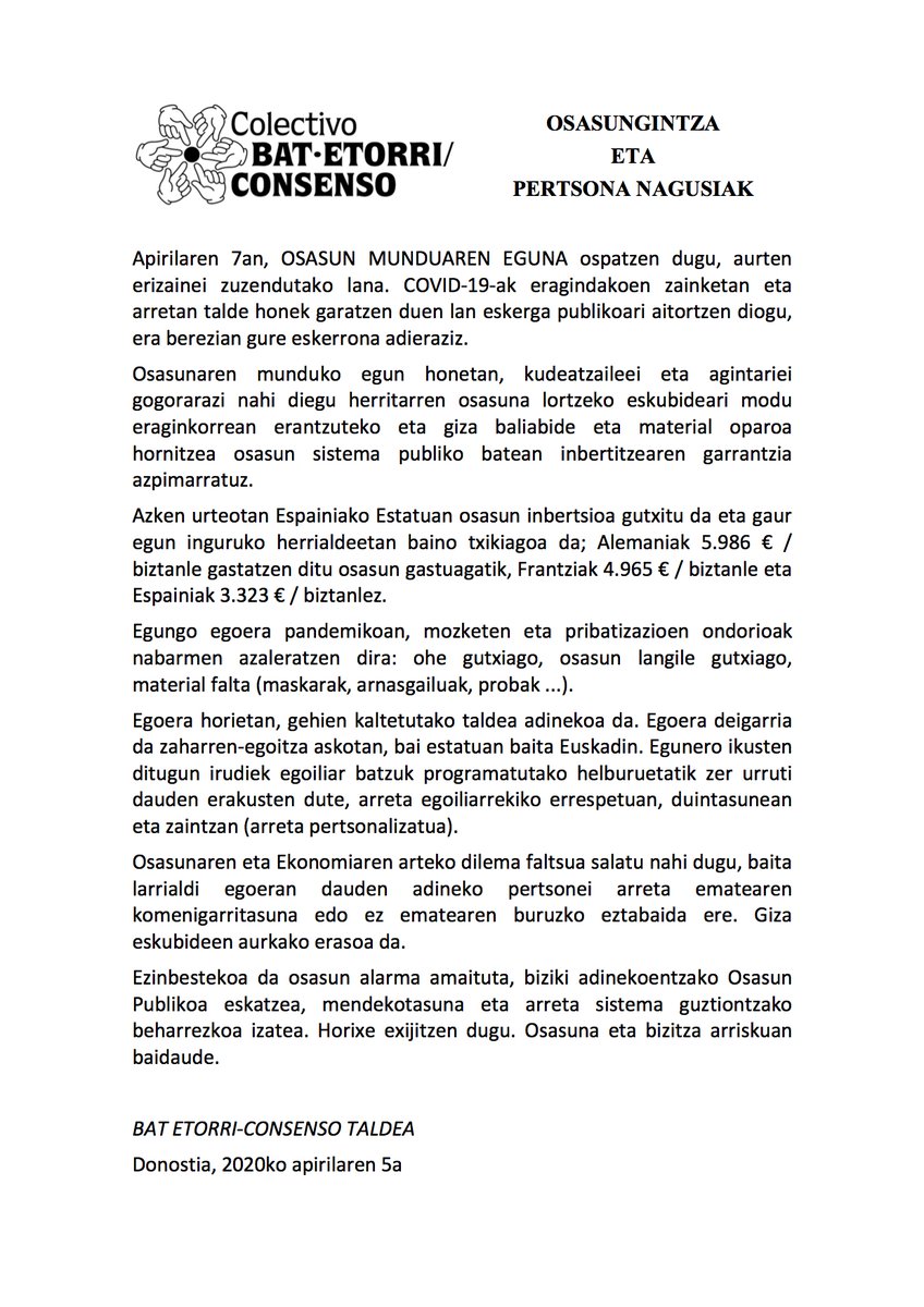 CoordPJLO's tweet photo. Bihar apirilak 7, Osasunaren Nazioarteko Eguna, Gipuzkoako Bat-Etorri_Konsensu Plataformak ospatuko du eta egun garrantzitsua erantsitako idatziaren bitartez lagundu, batu ahal zeretenari eta zabaldu horrela uste baduzue.

#Covid19 #ActivosDesdeCasa #PublikoarenDefentsan https://t.co/k7UWnqvoYT