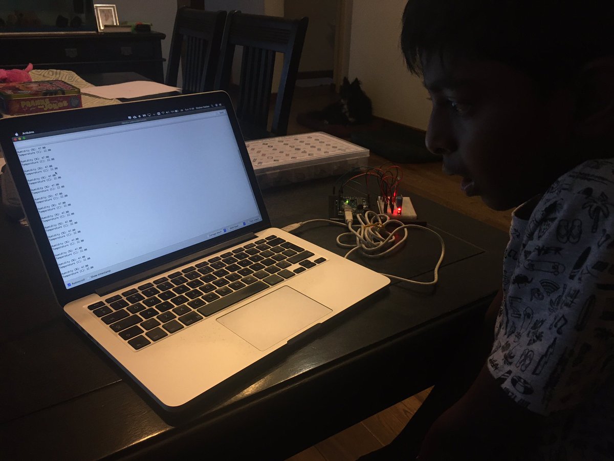 Day 13: 6yo is obsessed with creating animations with  @ScratchJr. Next step to make them interactive. 9yo made an  @arduino temp and humidity sensor circuit to write to serial port... learned a bit about how to handle floating point numbers in his code too.