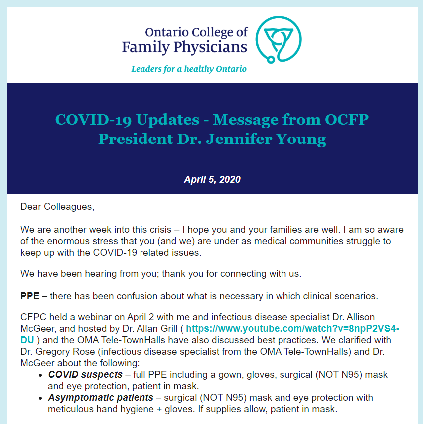 OntarioCollege's tweet photo. #ICYMI - Latest message from @OCFP_President Dr. Jennifer Young on this week's #COVID19 updates, including clarification about #PPE, clinical practice guidelines, in-office visits, sick notes + palliative care considerations. Read the full message HERE: https://t.co/iNNbxP0ItX https://t.co/X70Aq4T3ud