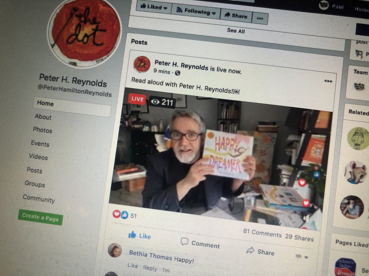 FablePaul's tweet photo. #ReadAloudAlert @peterhreynolds reading #HappyDreamer! https://t.co/mJsVdKLilC