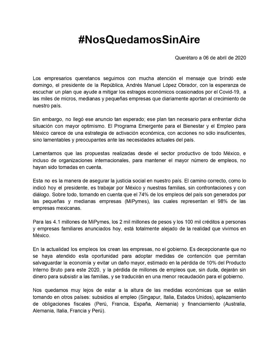 CanacoQro's tweet photo. #NosQuedamosSinAire 📌 | En Querétaro, hacemos un llamado al gobierno para crear estrategias efectivas que ayuden realmente a las #pymes y a todas las familias que dependen de las fuentes de trabajo que estas brindan. El tiempo apremia. 

#NoNosDetieneElVirus https://t.co/UEnqErjm6R