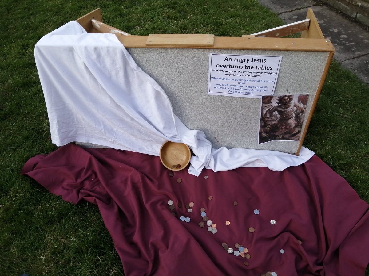 RevDavecbruce's tweet photo. Easter Garden day 2. Overturning the tables. #HolyWeek2020 @CofEWorcester @churchofengland #angryJesus https://t.co/heX0NRiHO6