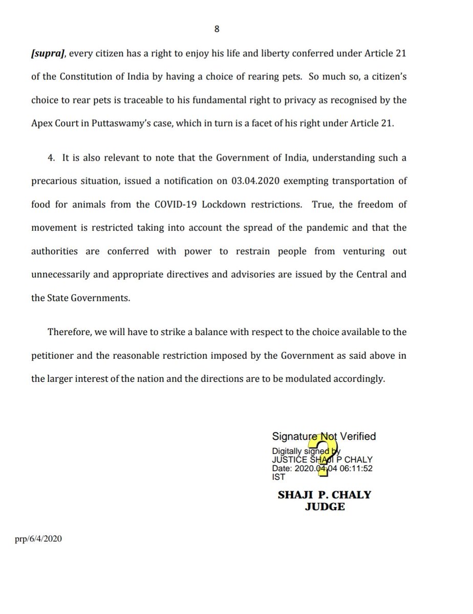 Justice P Chaly in his concurring opinion said "the choice of the petitioner not to cook non-vegetarian food is a well protected facet under Article 21 of the Constitution of India and he has no choice than to procure food from outside".