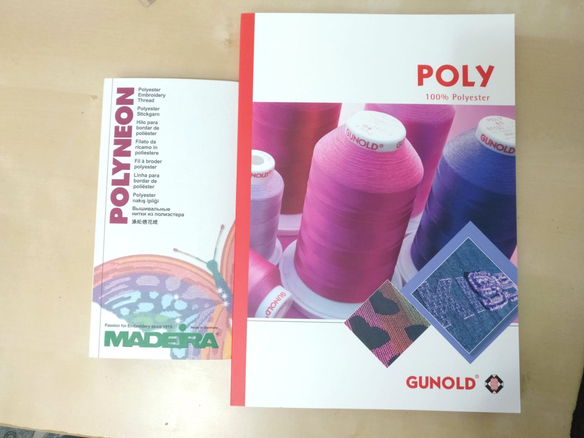 Well, since we bought a Brother embroideyr machine, we decided to also get embroidery materials from their Gunold brand. He (finally) bought a fabric adhesive spray, and color charts of different thread types. We used Madeira polyneon before, now we have more options!