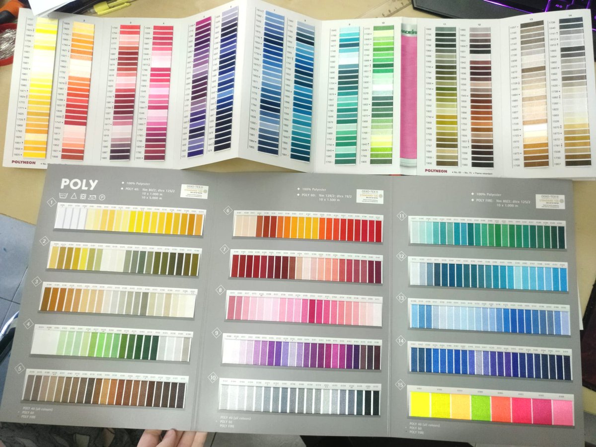 Well, since we bought a Brother embroideyr machine, we decided to also get embroidery materials from their Gunold brand. He (finally) bought a fabric adhesive spray, and color charts of different thread types. We used Madeira polyneon before, now we have more options!