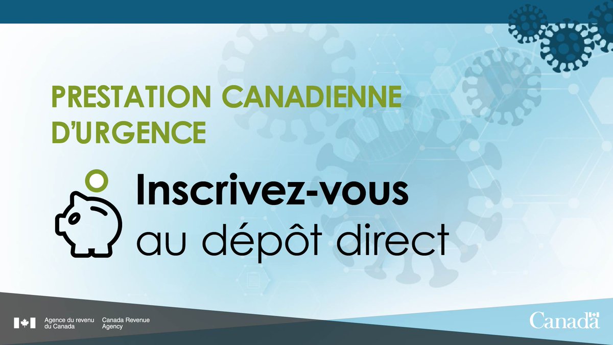 Voulez-vous faire une demande de prestation canadienne d’urgence? Pour vous y préparer, inscrivez-vous au dépôt direct afin d’obtenir les versements de la prestation plus rapidement! #COVID19 #PCU #ImpôtCdn 
ow.ly/H1V550z5Iq7