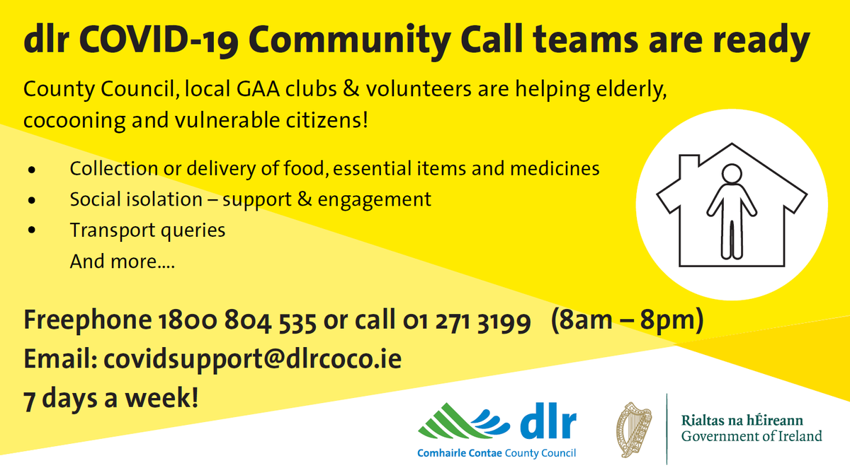 dlrcc's tweet photo. #dlrCommunityCall helpline 8am - 8pm, 7 days, to assist you, or someone you may know, who is cocooning, elderly or vulnerable. 

Need groceries, pharmacy or are social isolated?

Call us Freephone on 1800 804 535 &amp; 01 271 3199 or email covidsupport@dlrcoco.ie if you need our help https://t.co/stWDMJFhUr