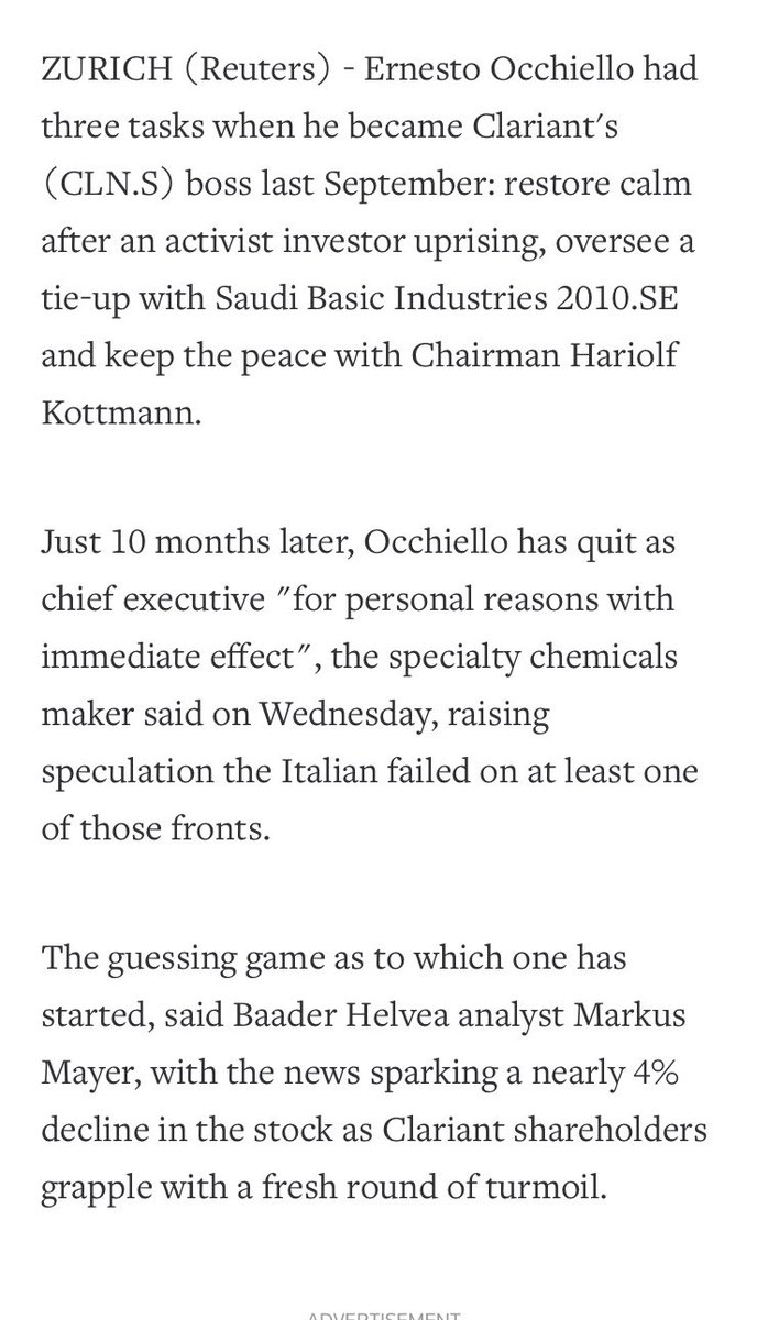 Clariant CEO exits abruptly, renewing turmoil at Swiss group/Aramco-controlled Saudi Basic Industries (SABIC), which holds 25% of Clariant 24/07/19   https://mobile.reuters.com/article/amp/idUSKCN1UJ0FO