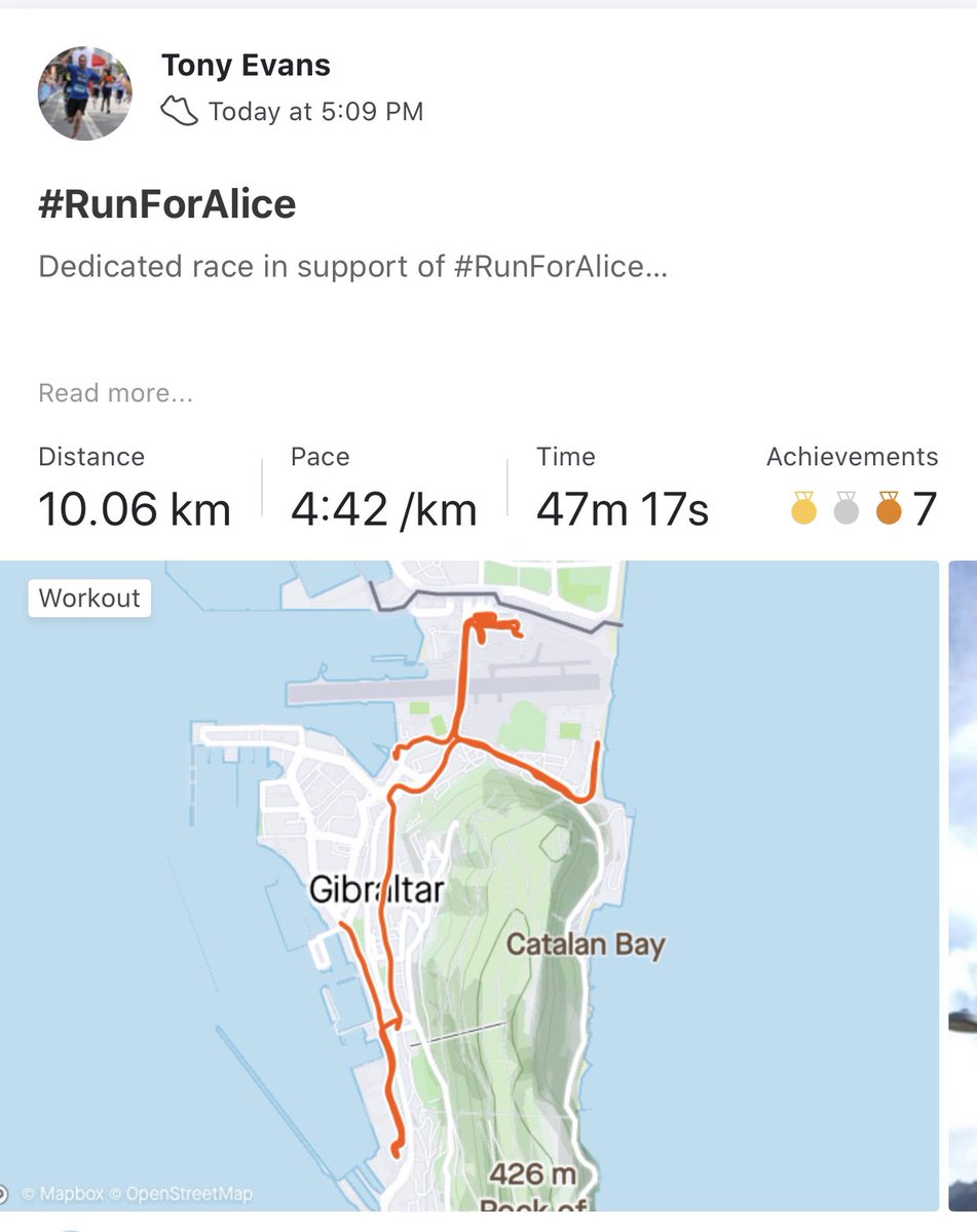 tonyevans88's tweet photo. @joelleadavis @annaahernandez4 As promised, a dedicated run to the #RunForAlice cause.
Please consider giving generously to the cause #Gibraltar
https://t.co/hw630ZyzPI
#CarpeDiemRunningClub #10K #Alzheimers https://t.co/3vY8n0MNbe