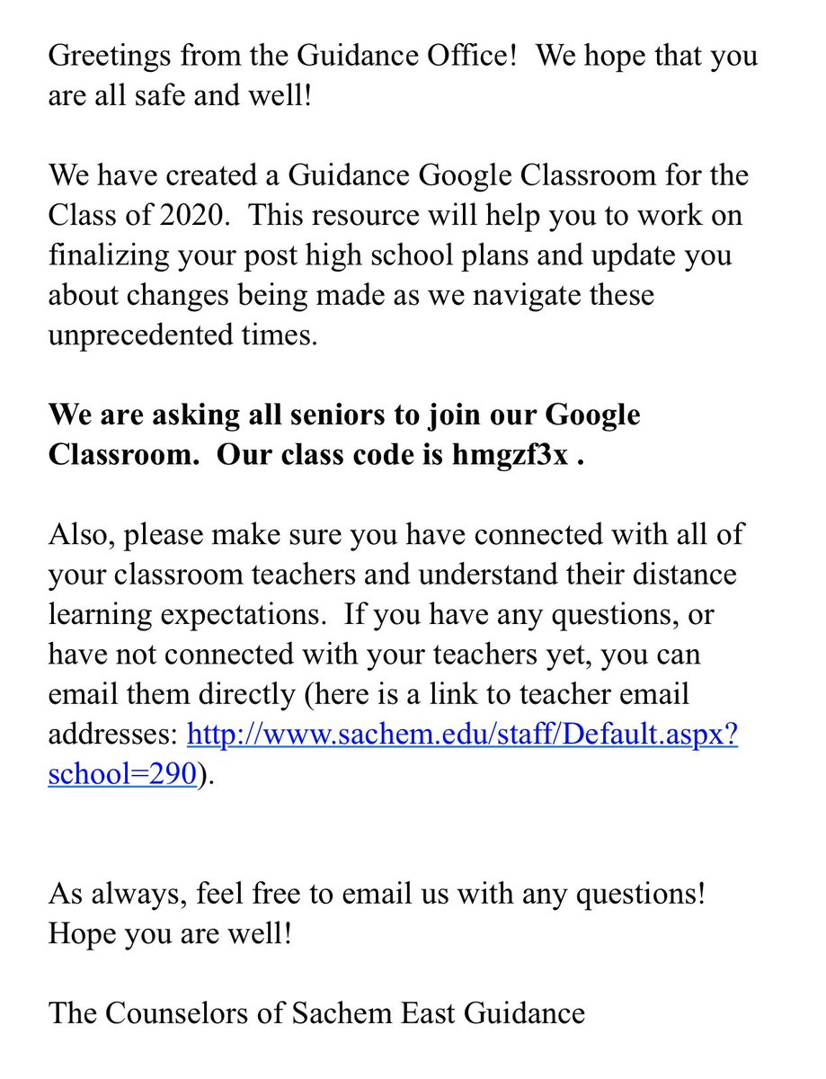EastGuidance_'s tweet photo. Seniors please read! Join our classroom to see how to complete your senior survey and get constant updates! @sachemhseast https://t.co/9ilrsg2GBv