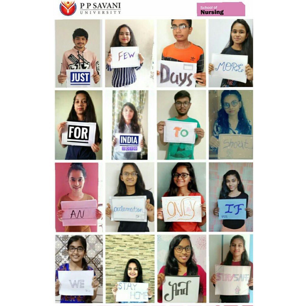 PPSavaniUni's tweet photo. #PPSUStudents #SchoolofNursing #BSc first year are all motivated and geared to do their bit by spreading awareness during #Quarantine and #Lockdown
We at #PPSU urge everyone to #StaySafe #StaySafe
#IndiaFightsCorona #PPSUSupport #COVID19 #explore #experience #empower https://t.co/1AYryrdfi7