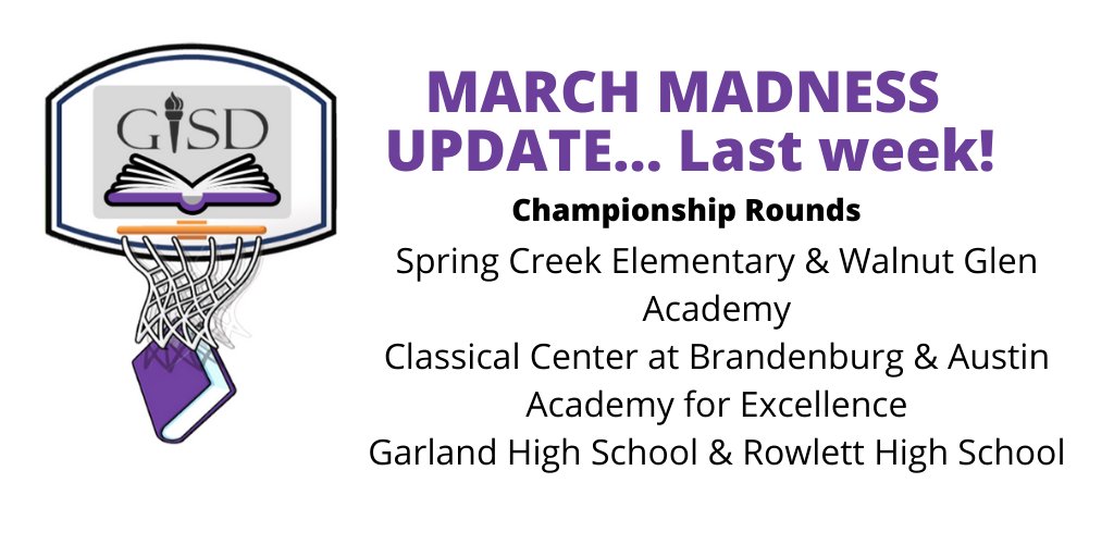 I am so excited to announce the Championship Brackets for March Madness!  Let's cheer them on this week... <a href="/SCES_Scorpions/">Spring Creek</a> <a href="/WGA_Leopards/">Walnut Glen Academy</a> <a href="/CCBMS_Braves/">Brandenburg MS</a> <a href="/AA_Eagles/">Austin Academy</a> <a href="/GHS_Owls/">Garland High School</a> <a href="/RHS_Eagles/">Rowlett High School</a> <a href="/gisdnews/">Garland ISD</a> <a href="/GISDREADS/">Jeanine Boyett</a>