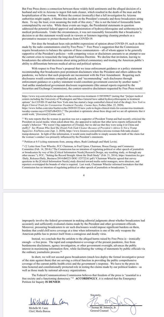 4. NEW: We denied the petition flagged by  @MZHemingway, which asked  @FCC to take action against broadcasters that air the President’s coronavirus briefings + more.Good free speech win, though it won’t be the left’s last attempt to weaponize the FCC against conservative voices