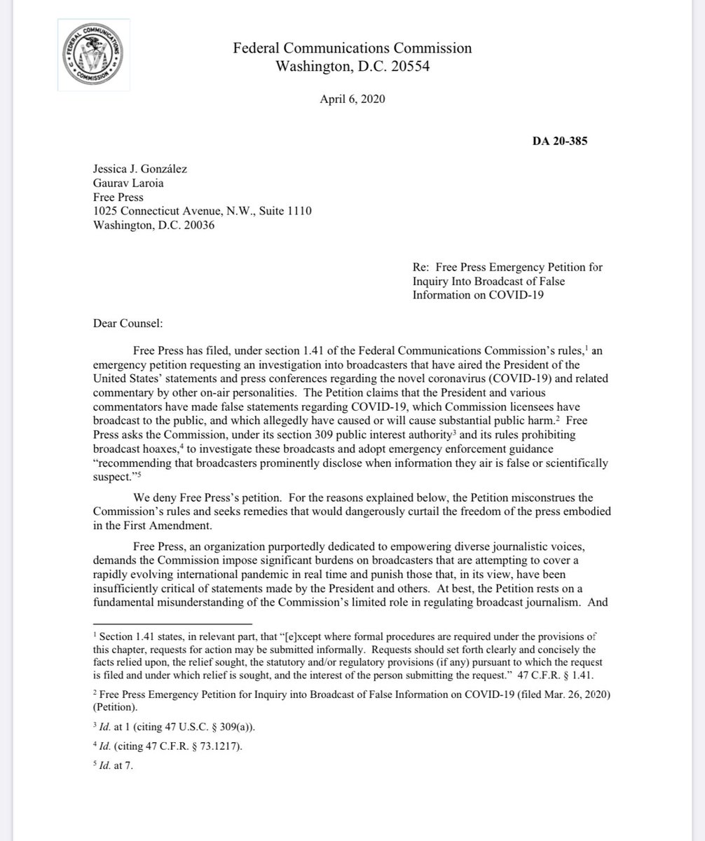 4. NEW: We denied the petition flagged by  @MZHemingway, which asked  @FCC to take action against broadcasters that air the President’s coronavirus briefings + more.Good free speech win, though it won’t be the left’s last attempt to weaponize the FCC against conservative voices