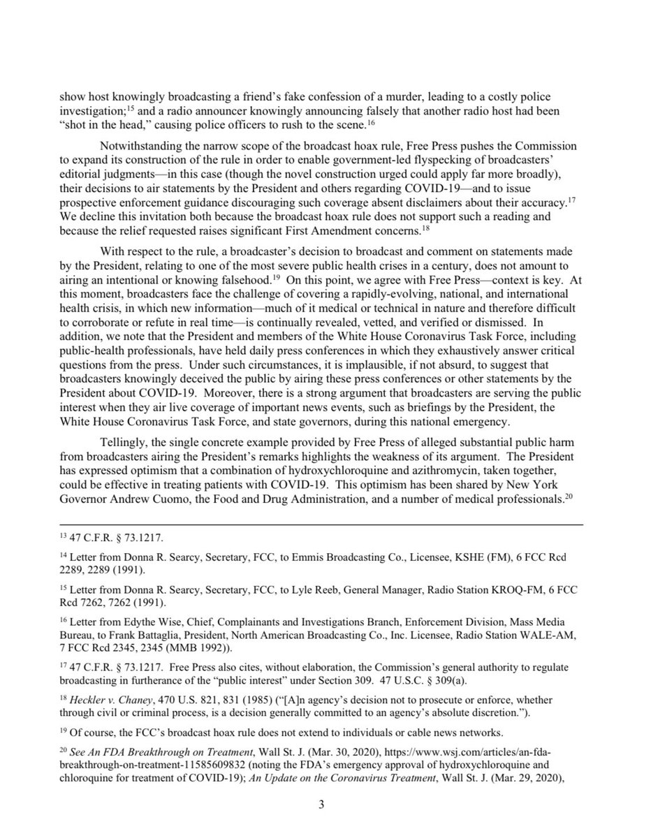 4. NEW: We denied the petition flagged by  @MZHemingway, which asked  @FCC to take action against broadcasters that air the President’s coronavirus briefings + more.Good free speech win, though it won’t be the left’s last attempt to weaponize the FCC against conservative voices