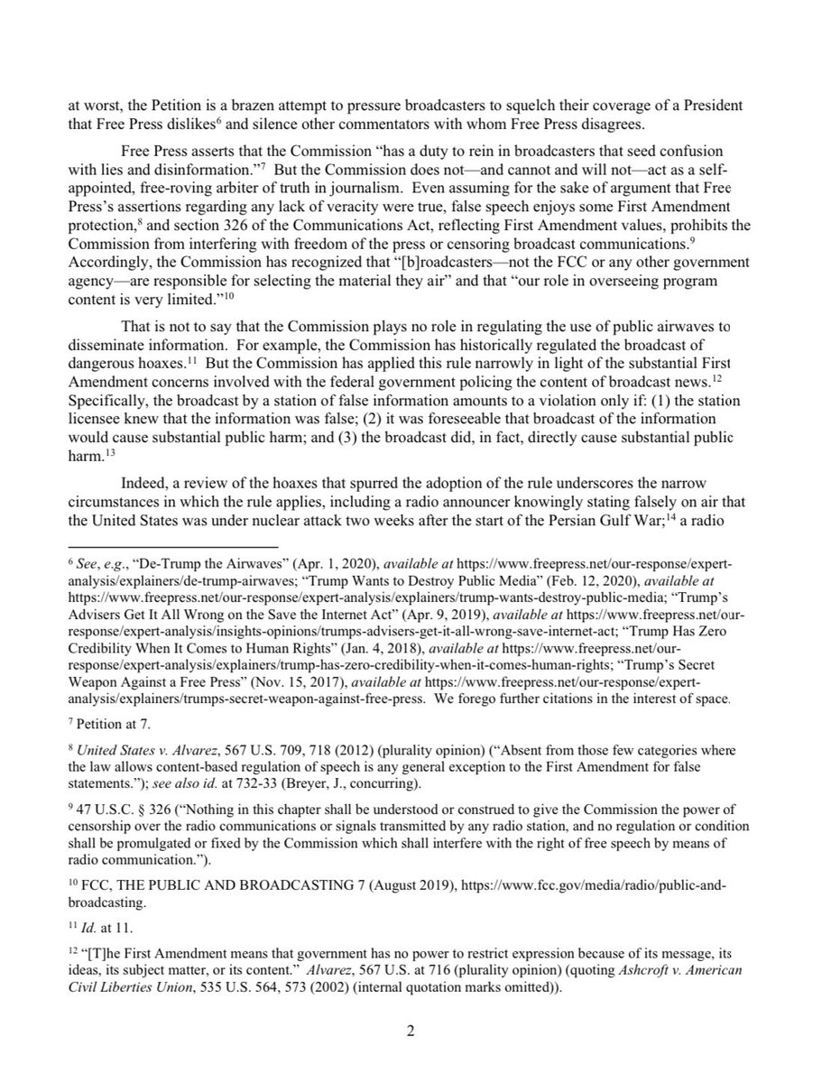 4. NEW: We denied the petition flagged by  @MZHemingway, which asked  @FCC to take action against broadcasters that air the President’s coronavirus briefings + more.Good free speech win, though it won’t be the left’s last attempt to weaponize the FCC against conservative voices