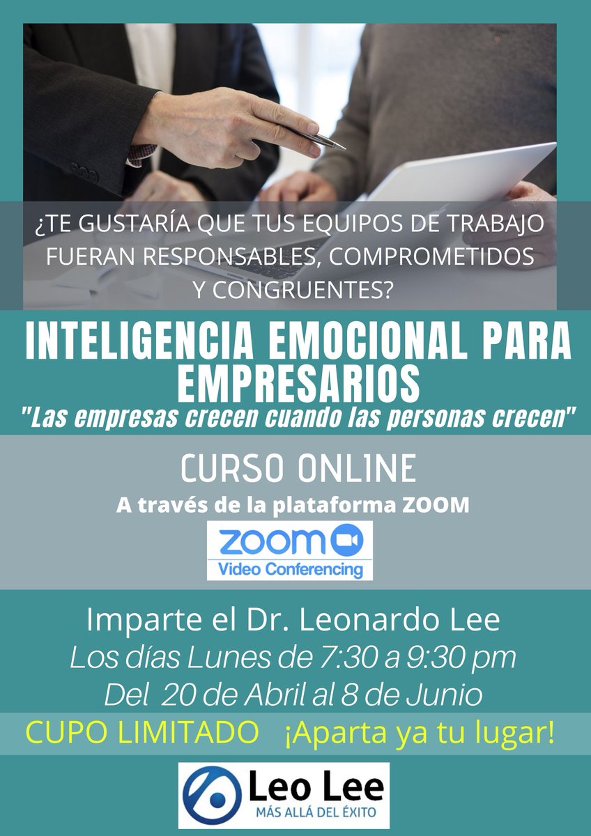 leoleemx's tweet photo. CURSO ONLINE
INTELIGENCIA EMOCIONAL PARA EMPRESARIOS
"Las empresas crecen cuando las personas crecen"

Entra al siguiente link para más información 👉 https://t.co/z9PJsv9ZP4

Imparte el Dr. Leonardo Lee

RESERVA YA TU LUGAR, CUPO LIMITADO. https://t.co/RjbLjZakZu