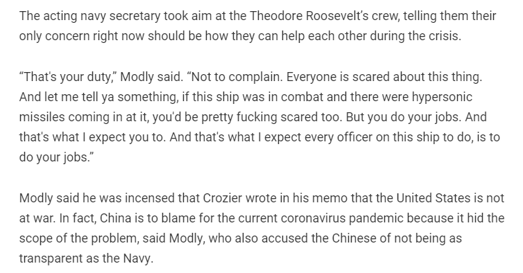 The conflict between Capt. Crozier and the Navy Sec seems to have been over whether or not the Navy should send sailors to die during peacetime, in order to maintain readiness.The Navy said yes; Crozier said no, and sacrificed his career to oppose it. https://taskandpurpose.com/news/navy-secretary-blasts-fired-aircraft-carrier-captain