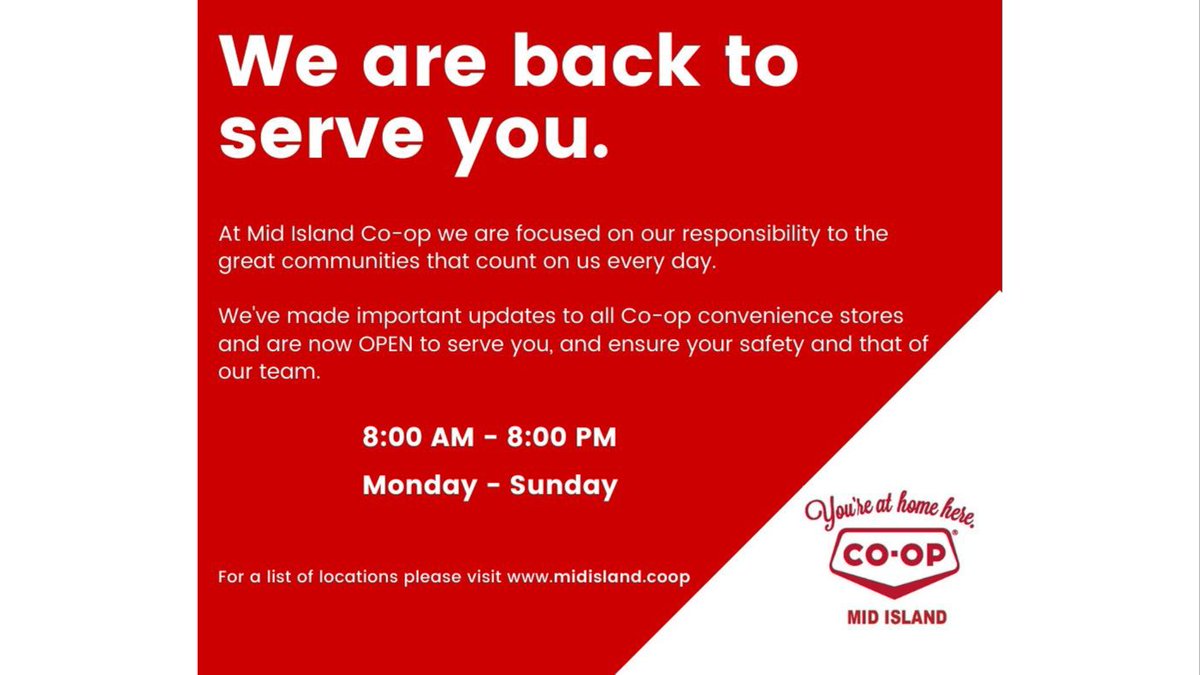 As an essential service, we’ve implemented updates based on Government &amp; Health Authorities allowing us to RE-OPEN:
•Reduced hours allowing more time for sanitization
•New protection guards
•No cash transactions
•Cleaners on site
•Limited number of customers in store