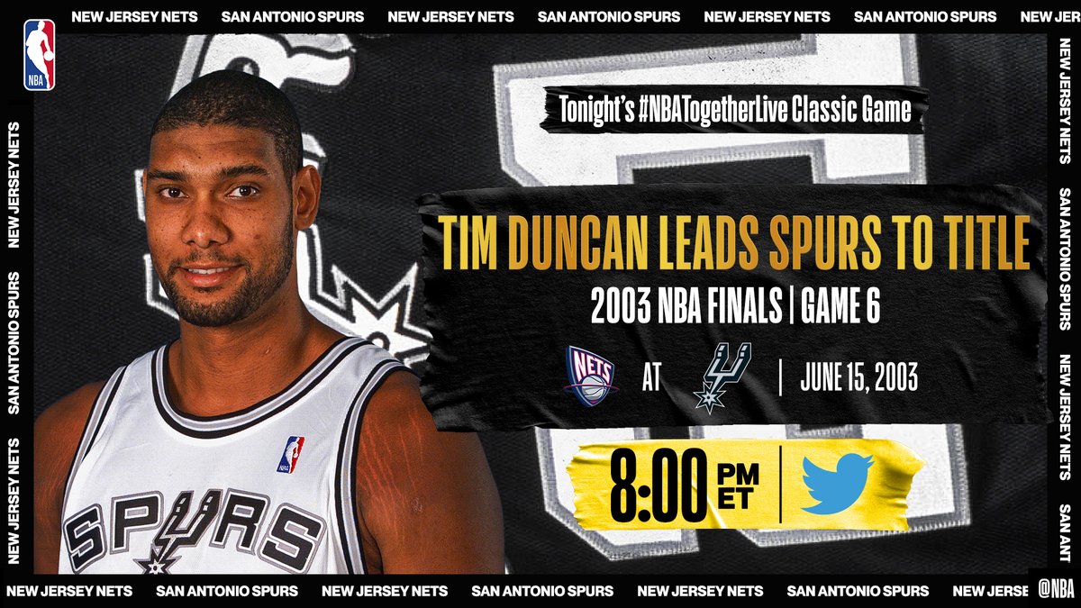 NBA's tweet image. Tonight’s #NBATogetherLive classic game will feature Tim Duncan’s MONSTER NIGHT (21p/20r/10a/8b) in Game 6 of the 2003 #NBAFinals for the @spurs! #20HoopClass

We’re streaming it live &amp;amp; watching together here on @NBA at 8:00pm/et!