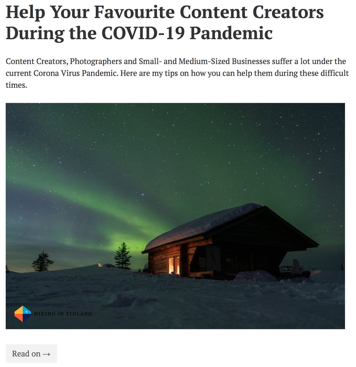 I wrote about what you can do to help small business, content creators and entrepreneurs during the #COVID19 time: hikinginfinland.com/2020/04/help-y… #Entrepreneur #photography #travelblogger #hiking #bikepacking #packrafting