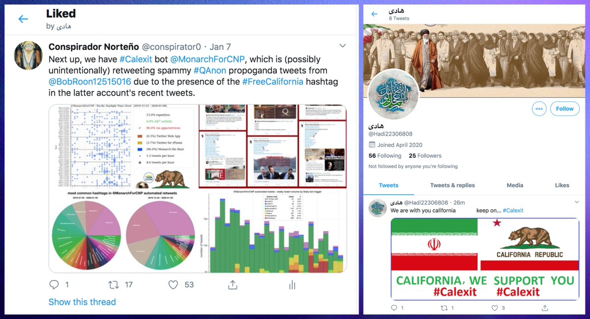 Interesting footnote: some of our older threads discussing the  #Calexit hashtag are now picking up likes from day-old Farsi  #Calexit sockpuppet accounts.
