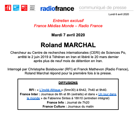 RFI_Presse's tweet photo. 📻🔴Entretien #exclusif @France_MM - @radiofrance
Mardi 7 avril, Roland Marchal, chercheur au @CERI_SciencesPo, libéré le 20 mars dernier après plusieurs mois de détention en #Iran, est interrogé par @ChBoisbouvier de @RFI et @FranckMathevon de @radiofrance. https://t.co/rvpKNKnKvG