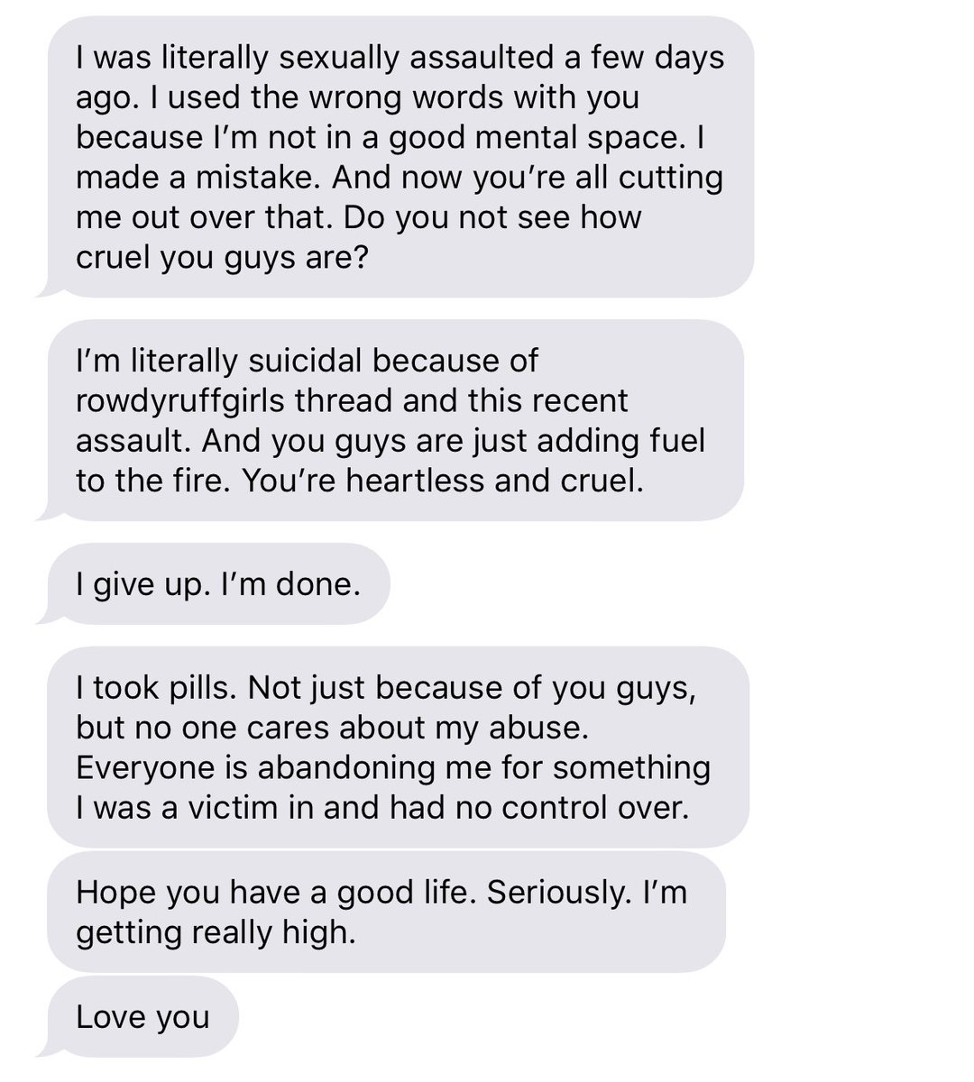 this was all in a matter of minutes. (the sexual assault mention in the first screenshot was not about espi, but another person i don’t know, apparently, that i again had no idea about until he mentioned in that moment.) cw: suicide/manipulation