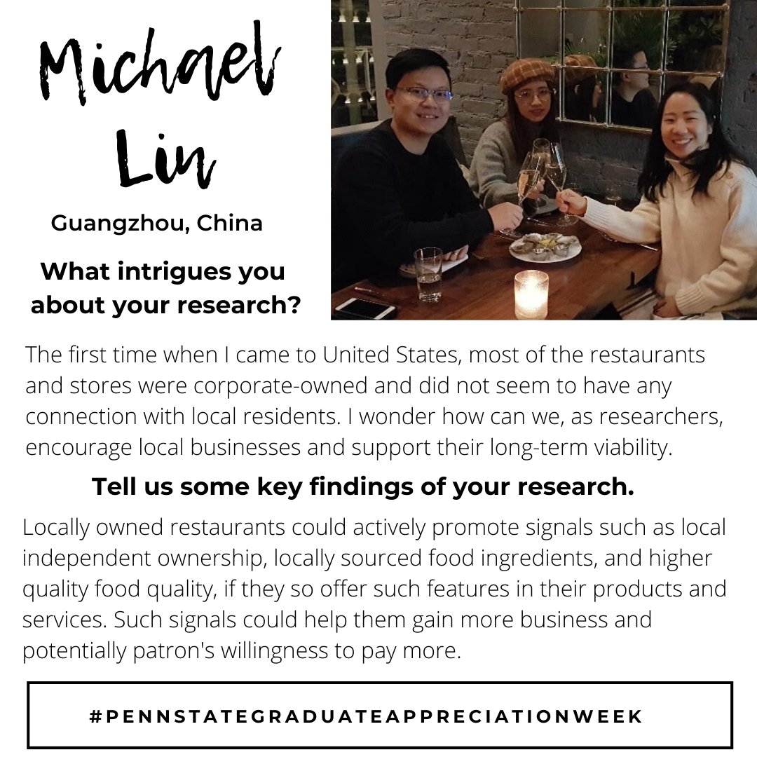PennStateSHM's tweet photo. Today we highlight our Graduate Student, Michael Lin. Michael is researching food decisions as well as entrepreneur and innovation. #GraduateAppreciationWeek #PennStateGraduateAppreciationWeek https://t.co/w3U6TqjwNA