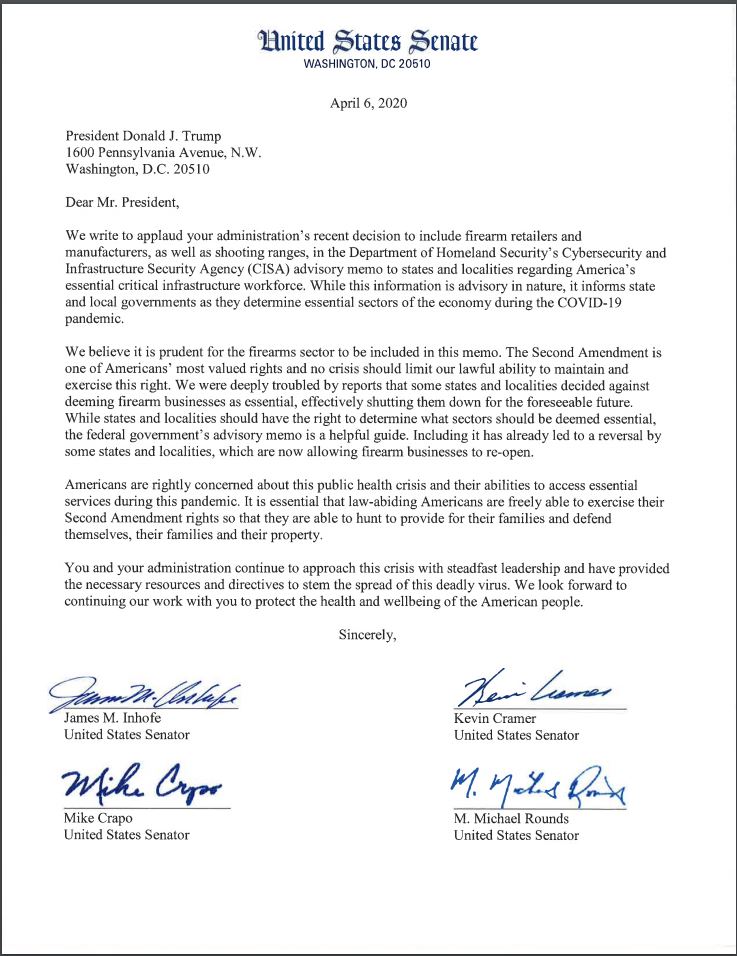 Today, I led the below letter to  @realDonaldTrump with many of my Republican colleagues. Thank you, President Trump, for understanding that the Second Amendment is one of Americans’ most valued rights and deeming firearm businesses essential.