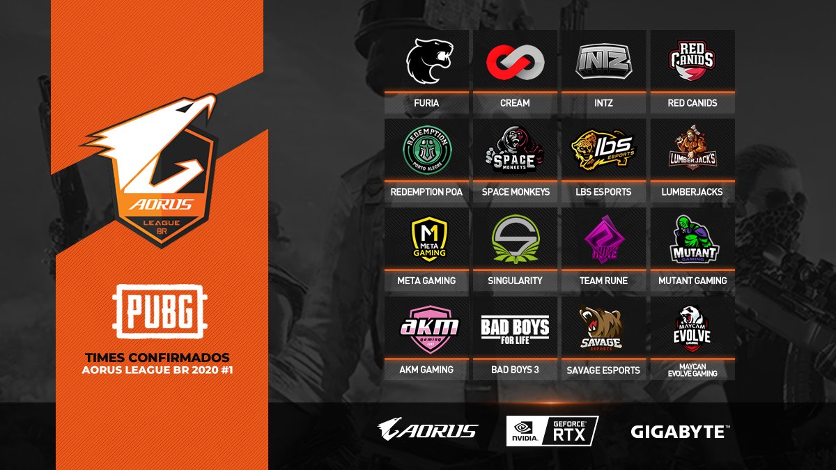 AORUS_Brasil's tweet photo. Esses são os times que jogarão a #AorusLeague Invitational de PUBG. A partir do dia 10 de Abril você assiste todas as partidas ao vivo em nosso canal da https://t.co/VcXqWYwke2

@furiagg @REDCanids @SNG_Esports @INTZ @RedemptionPOA https://t.co/XIAtGg2RqQ