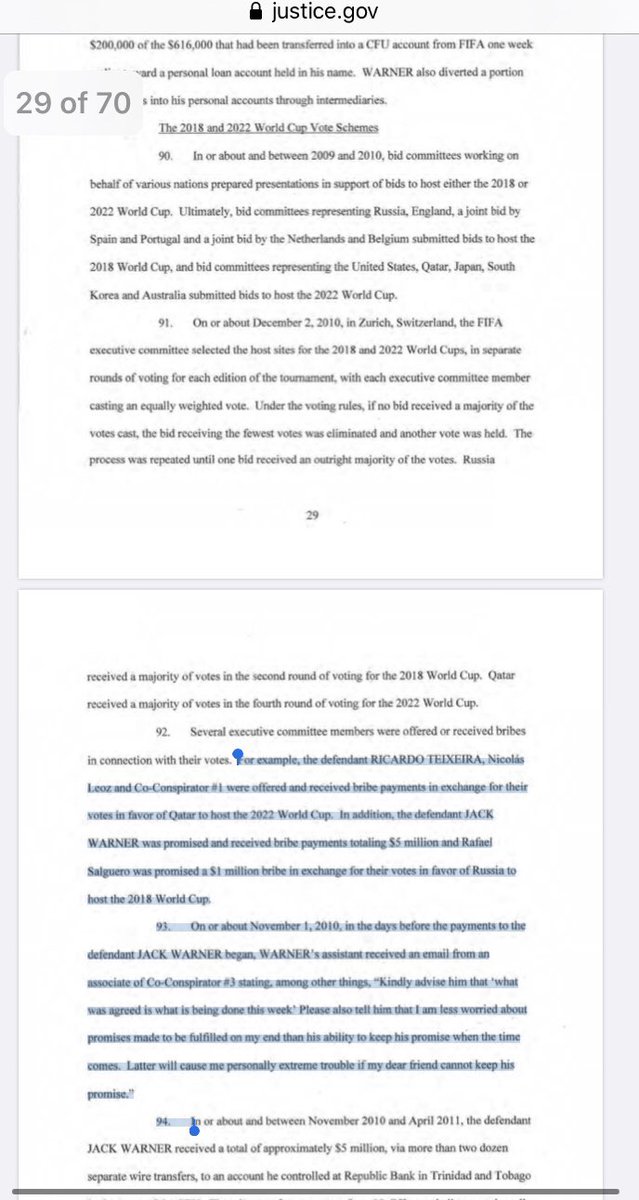 Potentially significant twist in FBI pursuit of ex football officials involved in FIFA corruption scandal.Attached indictment filed in US alleges ExCo members were “offered or received bribes in connection with their votes” for Russia & Qatar World Cups  https://www.justice.gov/usao-edny/press-release/file/1266856/download