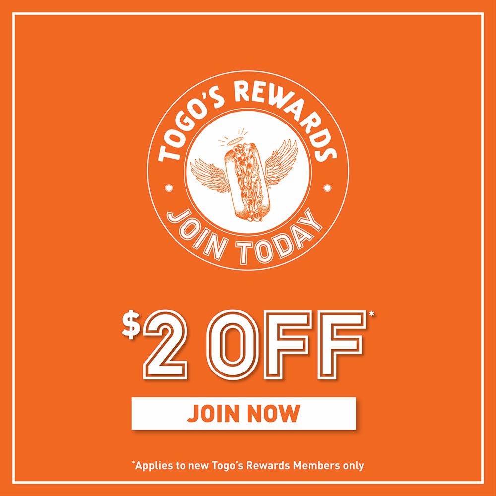 TogosSandwiches's tweet image. Join Togo’s rewards program today! $2 OFF for new members. Program includes exclusive offers like free #birthdaysandwich, $5 for every 50 points, and much more. In time for the #greatamericantakeout tomorrow!