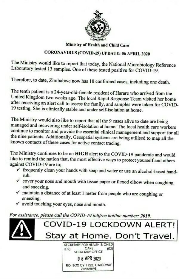COVID-19 Update: As at 6 April Zimbabwe had 10 confirmed cases, including one (1) death.
