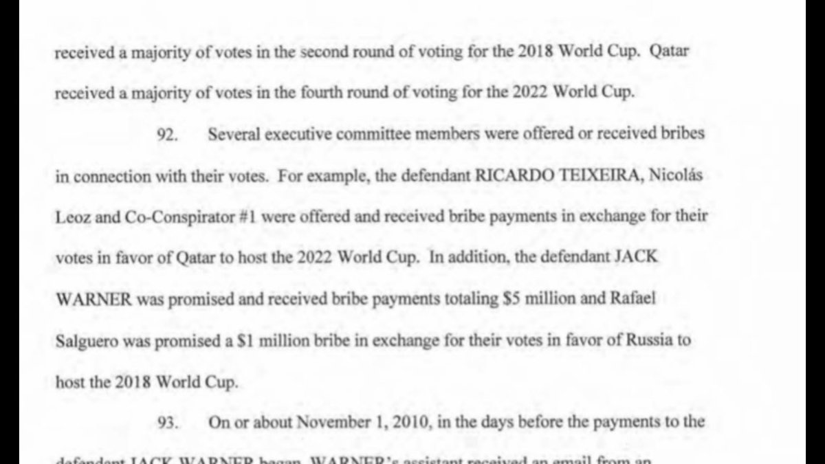 New indictment alleges that defendants - disgraced South American ex-FIFA execs Ricardo Teixeira & Nicolas Leoz “were offered and received bribe payments in exchange for their votes in favour of Qatar to host the 2022 WC.”