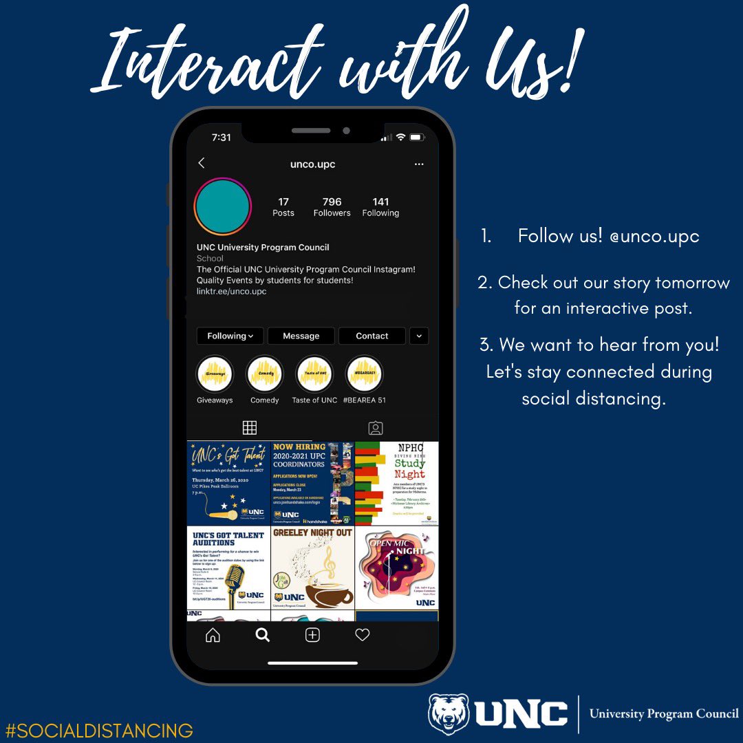 UNCOUPC's tweet image. Connect with us! 
Head over to unco.upc on Instagram and check our story. 
All responses from UNCO students will be entered into a raffle 💛💙