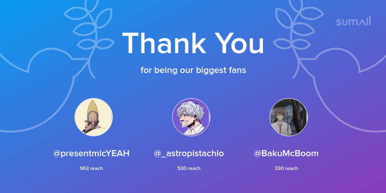 Our biggest fans this week: presentmicYEAH, _astropistachio, BakuMcBoom. Thank you! via sumall.com/thankyou?utm_s…
