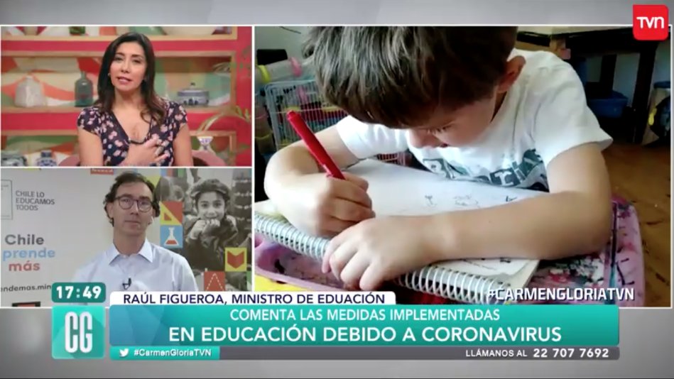 Mineduc's tweet photo. ¡#ENVIVO 📺! El ministro @raulfiguersa está en @CGloriaTVN explicando el alcance que ha tenido la plataforma https://t.co/UKo2JlFC3X y las últimas novedades en materia educativa.

Sigue la señal online ➡ https://t.co/Ki7IBs0X6b
#CarmenGloriaTVN #PlanCoronavirus https://t.co/YbXwmrIXbx