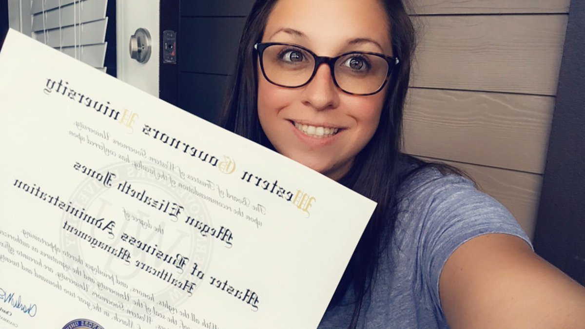 MeganJones239's tweet photo. Got this in the mail today! Officially done with school!! Can’t wait to celebrate when I can finally leave my house again! #mastersdegree #wgu https://t.co/pzDIEVbugC
