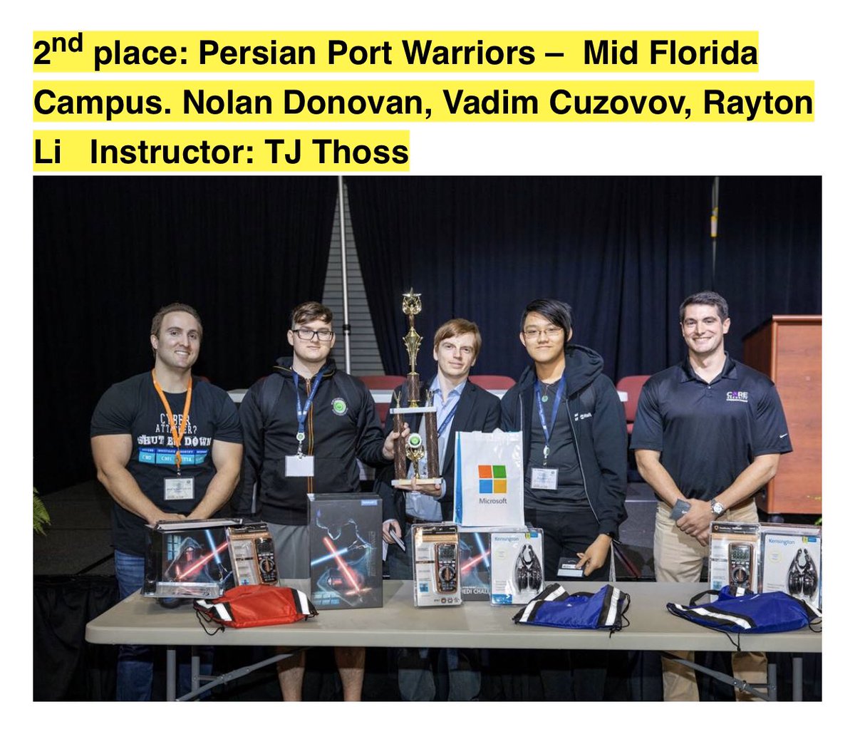 Stuway06's tweet photo. Orange Technical College-Mid Florida hosted 3rd annual Capture the Flag Cyber Challenge with 17 teams from Central FL. It was covered live by Security Weekly. Participating students took home over $20,000.00 in prices! A special thanks to our industry and event sponsors!💻🚩 https://t.co/fZbtJ0T73o