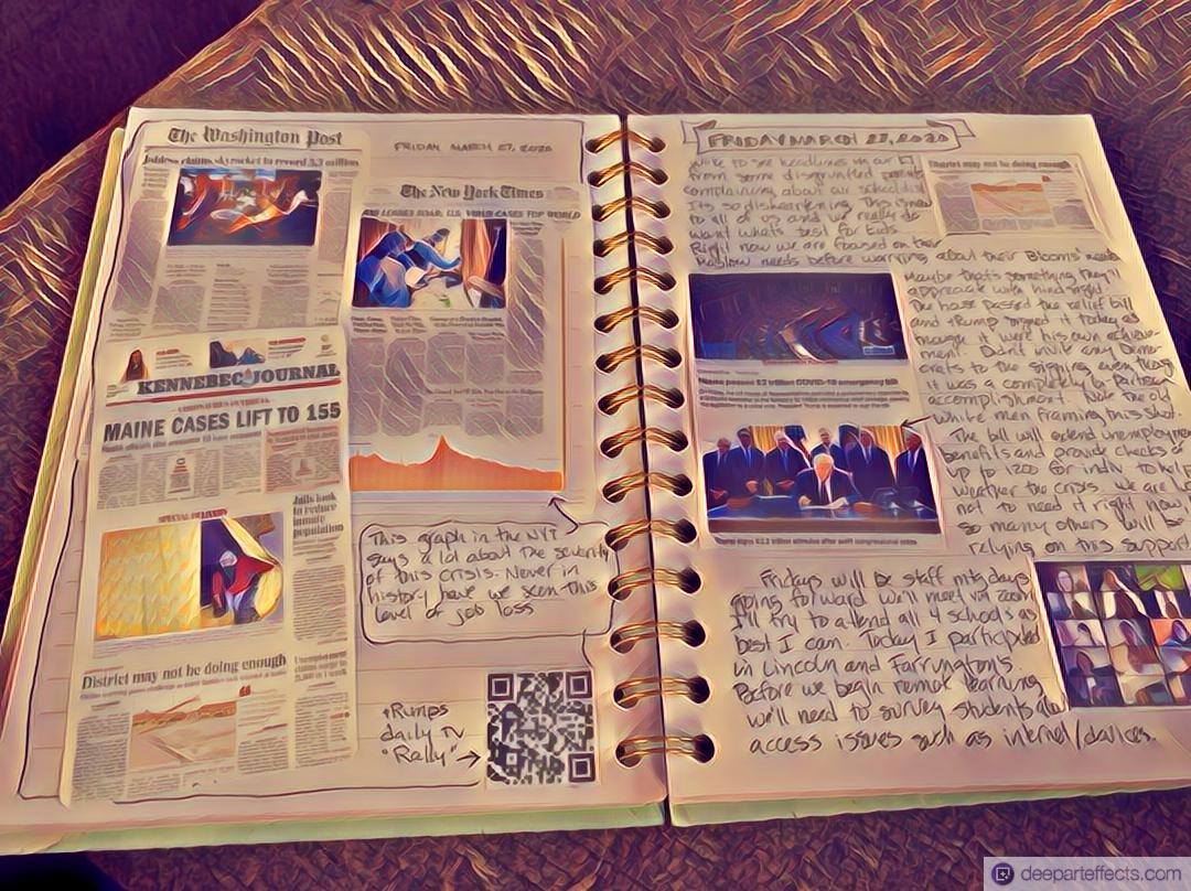 LitCoachLady's tweet image. A1 Writing is playing a therapeutic and documentative role in my life right now. Keeping a &quot;Coronavirus Diary&quot; with QR codes to videos, newspaper headlines, tv screen grabs, and my personal experience all documented. #TeachWrite