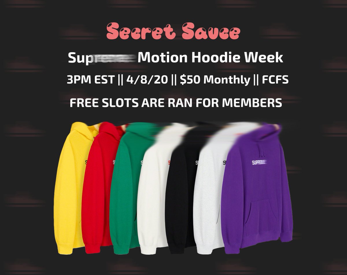 Secretsauce's tweet image. Invites before the Supreme drop! 

🤯Get in? You get a FREE SLOT!🤯

⏰When?⏰
3PM EST, 4/8/20
$50 Monthly, FCFS

🚨3 of you guys get FREE SLOTS:🚨

Rules:
1) Follow @SecretSauceGRP
2) RT this tweet 
3) Tag 1 friend

Winners chosen 4/8/20!!!