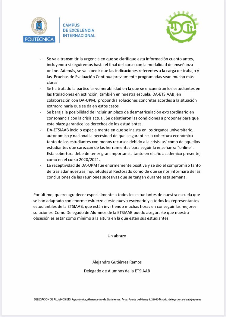 DAETSIAAB_UPM's tweet image. Comunicado del delegado de la @etsiaab , Alejandro Gutiérrez