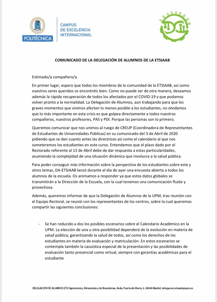 DAETSIAAB_UPM's tweet image. Comunicado del delegado de la @etsiaab , Alejandro Gutiérrez