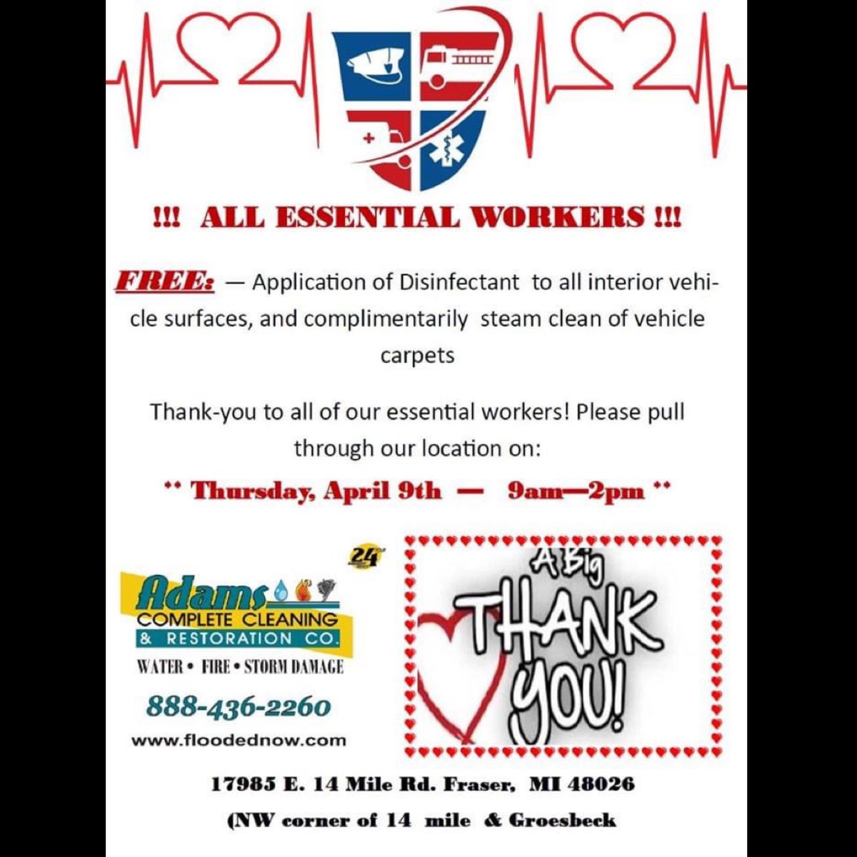 Adamsfloodednow's tweet photo. Adams Complete Cleaning &amp; Restoration is offering a FREE service for essential employees! Stop by the shop on Thursday April 9th!! 

Please pass this on to any fire fighters, police officers, nurses, doctors, or any other essential employee! Hope to see you there💗 https://t.co/RoLaCa7qkW