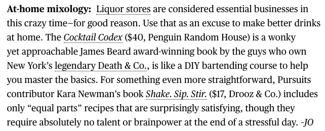 'Includes only 'equal parts' recipes that are surprisingly satisfying, though they require absolutely no talent or brainpower at the end of a stressful day.' We aim to please - thank you for the Shake.Stir.Sip mention @luxury @jocean!