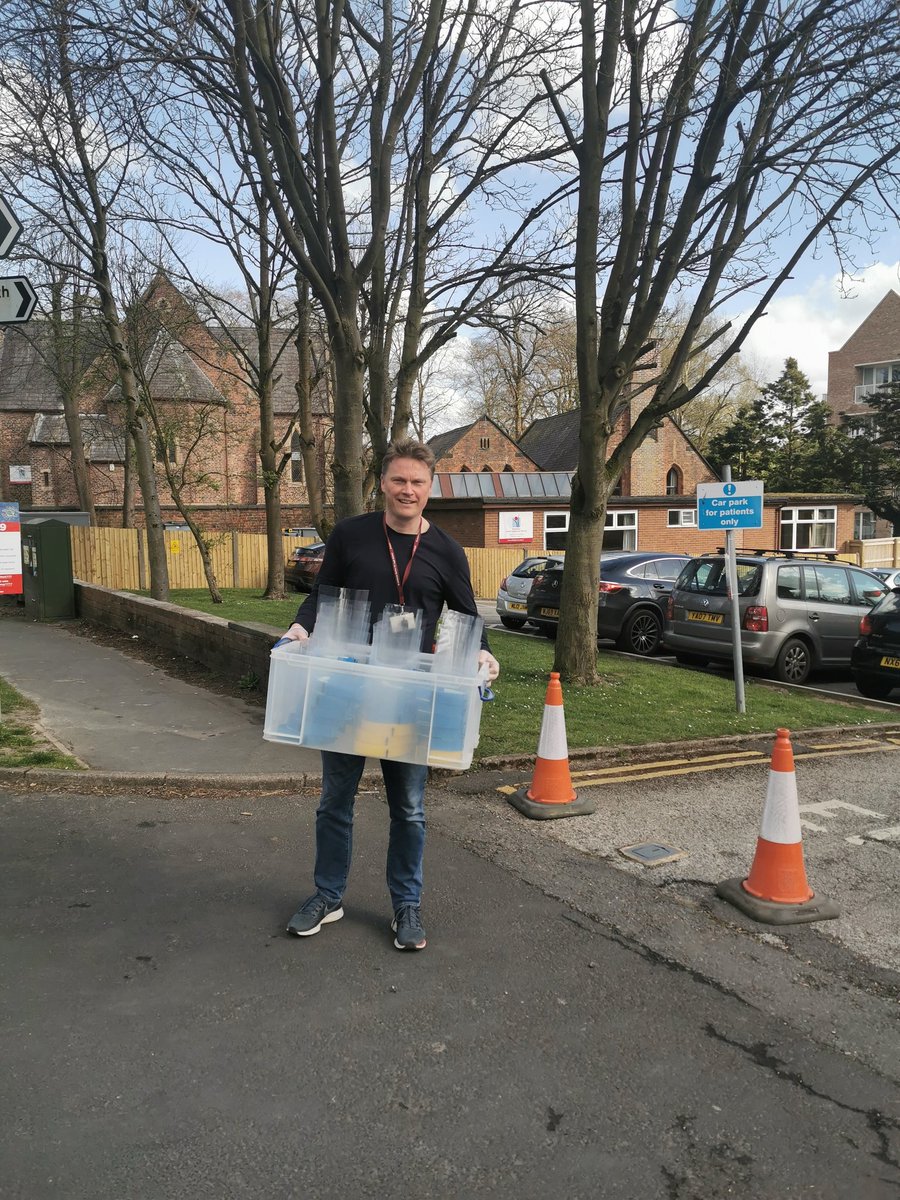 AnnabelBowden's tweet photo. A huge thank you to the DT team at St Ambrose Barlow High School @SABSalford, for creating 210 face shields for the #NHS! Big thanks to Mr Davis (Headteacher) for delivering some to Wilmslow Health Centre today! An unforgettable act of kindness 😊 #StayHomeSaveLives #COVID19 https://t.co/G3N8SZjF04